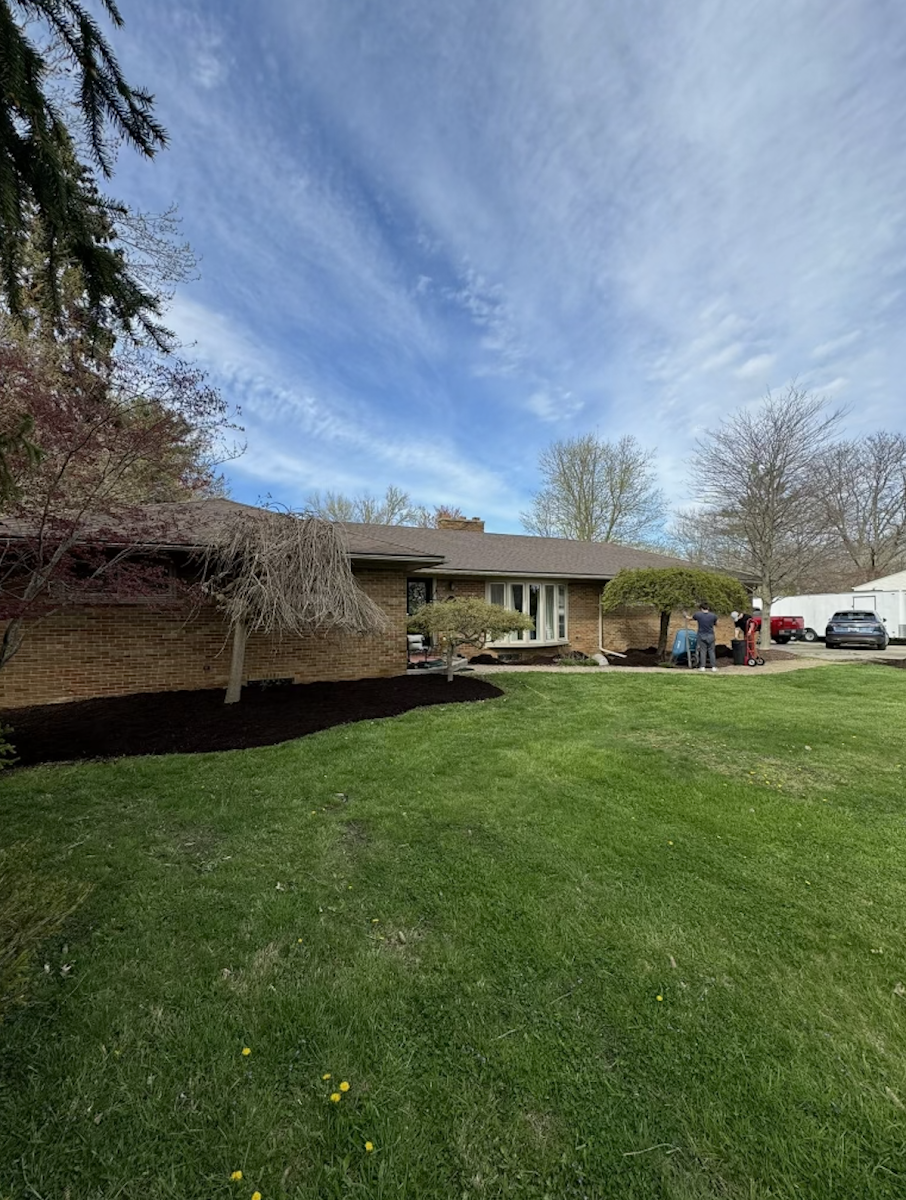 A clean-cut lawn behind a brick ranch home with mature trees and ornamental shrubs — Versa Property Management backyard work.